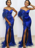 Royal Blue Mermaid Sweetheart Feather Prom Dress With Split