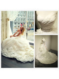 Ivory Scalloped-Edge Cascading Ruffles Pleats Beading Wedding Dress