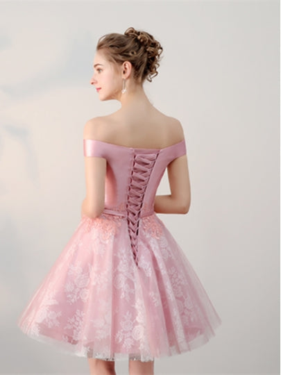 Pink Off Shoulder Lace Homecoming Dress