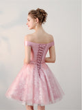 Lace Off-the-Shoulder Pink Sashes Mini Homecoming Dress