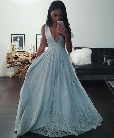 Blue A-Line V-Neck Sleeveless Prom Dresses