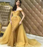 Yellow Detachable Train Off The Shoulder Beading Prom Dress
