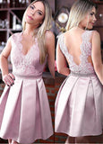 Satin V-neck Short Homecoming Dress With Lace Appliques