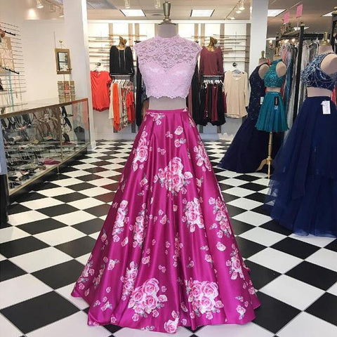 Print Fabric Lace- top Prom Dresses