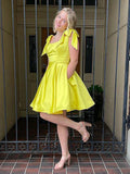 Satin Bowknot Knee Length Yellow Homecoming Dress
