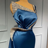 Royal Blue One Shoulder Beading Satin Long Trumpet Mermaid Prom Dress