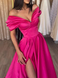 Fuchsia Satin Off The Shoulder Prom Dress With Slit