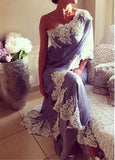 Fabulous Silk-like Chiffon One Shoulder Neckline Sheath Evening Dresses With Lace Appliques