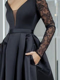 Black Long Sleeve V Neck Prom Dress With Pocket