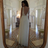 Deep V-Neck Backless Ivory Chiffon Wedding Dress with Lace