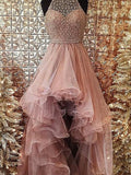 Halter High Low Beading Asymmetrical Prom Dress