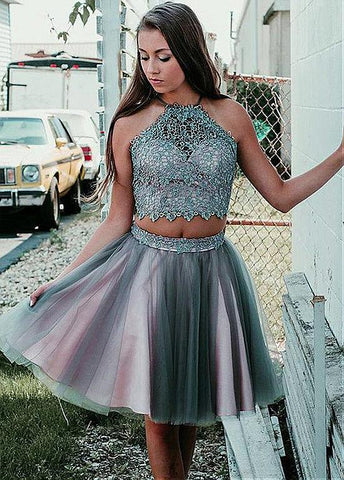 Tulle Halter Two Piece Short A-line Homecoming Dress