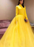 Long Sleeves Tulle & Satin High Collar Ball Gown Evening Dresses