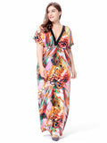 Plus Size Colorful Printed V-Neck High Waist Maxi Dress