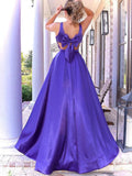 V Neck Long Bowknot Purple Satin Prom Dress