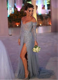 Silver Evening Dresses With Beaded Lace Appliques