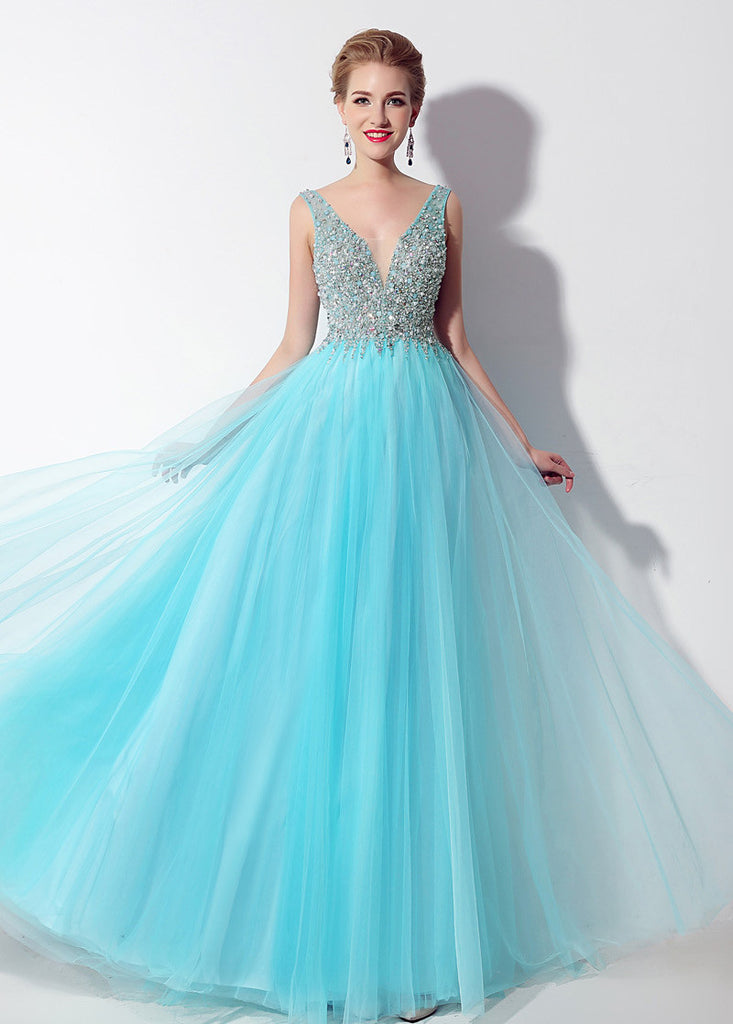 A Line V Neck Tulle Split Beadings Backless Prom Dresses LBQ1333