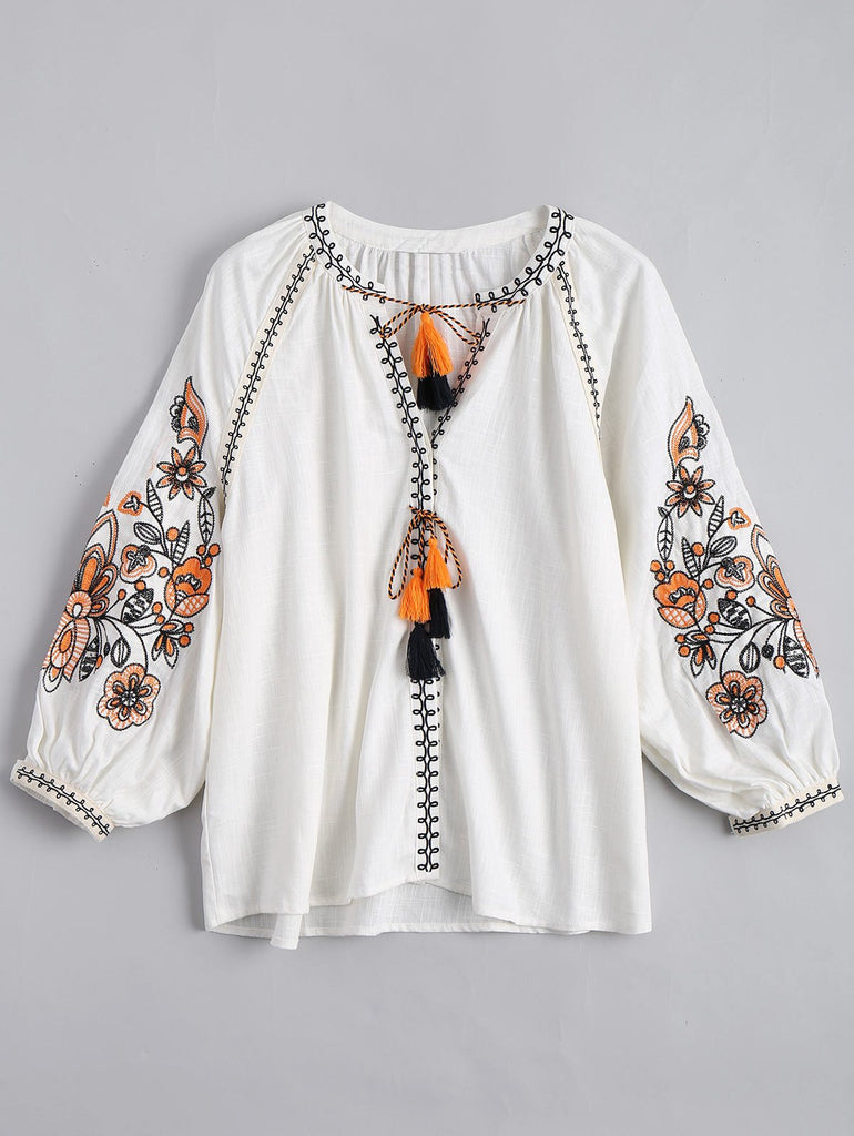 String Tassels Embroidered Blouse White Free Shipping Cheap – Sassymyprom
