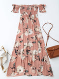 Pink Off Shoulder Shirred Slit Floral Maxi Dress