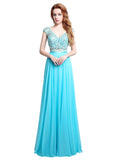 Graceful Chiffon & Tulle V-neck Neckline See-through A-line Prom Dresses With Beadings