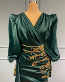 Dark Green Long Sleeve Beading Satin Trumpet Mermaid Prom Dress