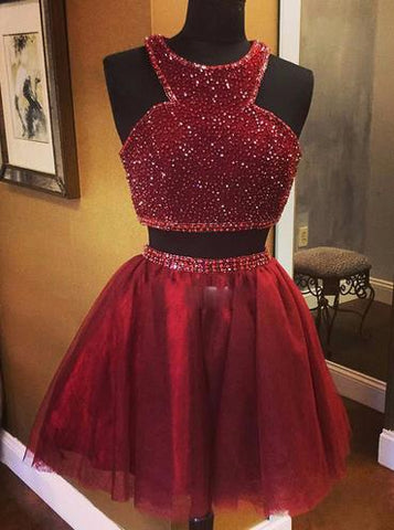Burgundy Halter Sparkly Two Piece Homecoming Dress