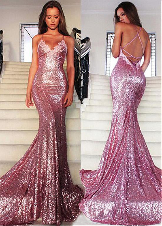Dazzling Sequin Lace Spaghetti Straps Mermaid Evening Dresses With Lace ...