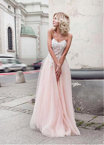 Tulle & Organza Sweetheart Neckline A-line Prom Dresses With 3D Beaded Lace Appliques