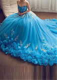 Blue Handmade Flower Ball Gown Prom Dress