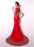 Red Eye-catching Jersey Jewel Neckline Mermaid Evening Dresses With Lace Appliques