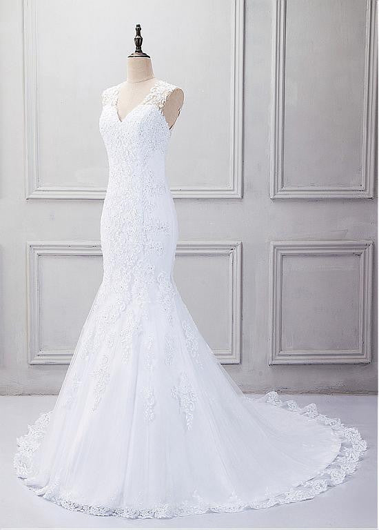 Fabulous Tulle V-neck Neckline Mermaid Wedding Dress With Beaded Lace ...