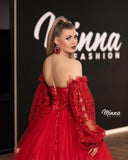 Ball Gown Red Long Sleeve Off The Shoulder Applique Prom Dress