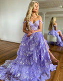 Off The Shoulder  Lavender Tiered A-Line Prom Dress With Split