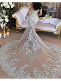 High Neck Long Sleeve Lace Appliques Wedding Dress