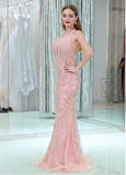 Pink Tulle Halter Neckline Backless Mermaid Prom Dresses With Beadings
