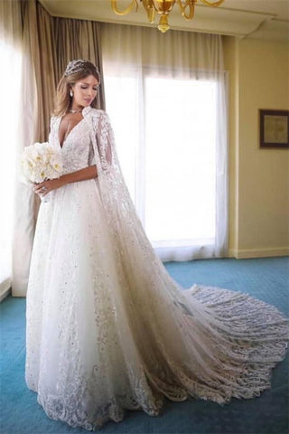 Beads Appliques A-line Lace Cape Straps V-neck Wedding Dress