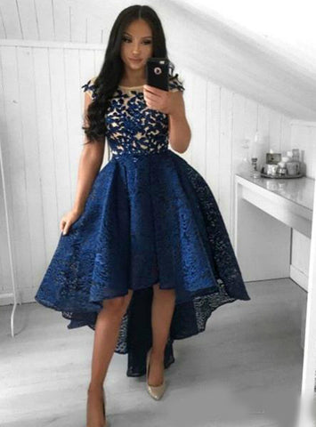 Lace Hi Lo Party Short Navy Blue Prom Homecoming Dress