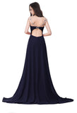 Sexy Backless Beaded Chiffon Long Evening Gown 