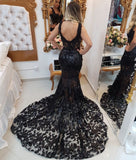 Straps Mermaid Sweep Train Black Prom Formal Dress