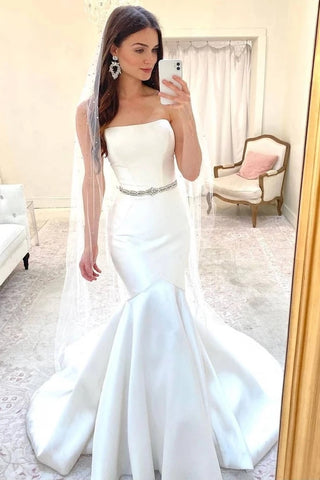 Satin Crystal Mermaid Rhinestones Belt Strapless Wedding Dress