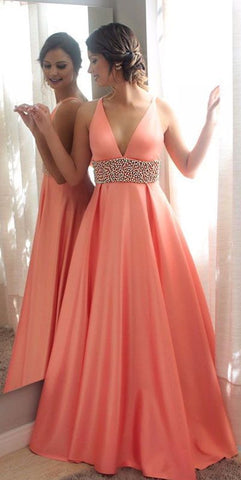 Chic V Neck Satin Pink Long Prom Dress