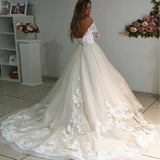 Off-the-Shoulder Long Sleeves Ivory Tulle Wedding Dress with Appliques