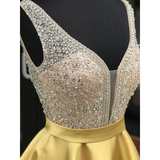 Satin Beading V-neck Gold Short Mini Homecoming Dress
