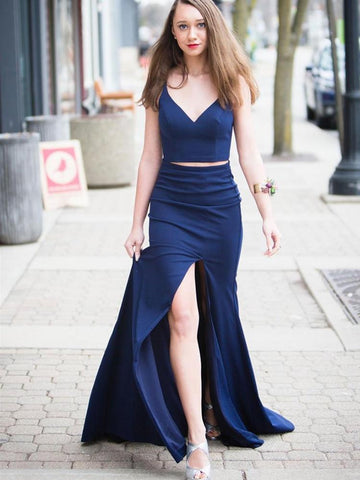 Satin V Neck Two Pieces Blue Prom Dress with High Slit