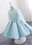 Eye-catching Lace & Satin High Collar Neckline Long Sleeves Ball Gown Flower Girl Dresses With Beadings