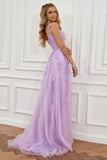 Off The Shoulder Lavender Appliques Prom Dress With Slit
