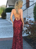 Sheath Spaghetti Straps Red Sequined Prom Dress