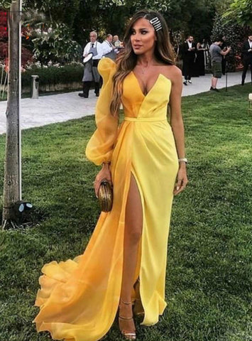 One Shoulder Sexy Mermaid Satin Yellow Prom Dress