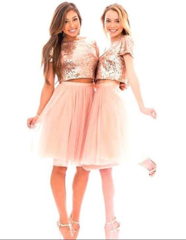 Pink Sequins Two Piece Short Homecoming Dress