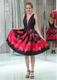 Floral Cloth & Satin V-neck Neckline Knee-length A-line Homecoming Dresses